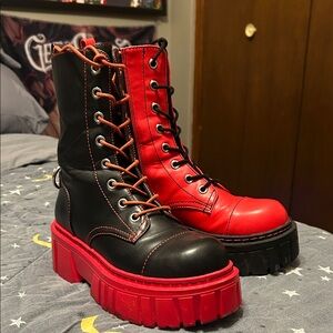 Dolls Kill Red and Black Combat Boots